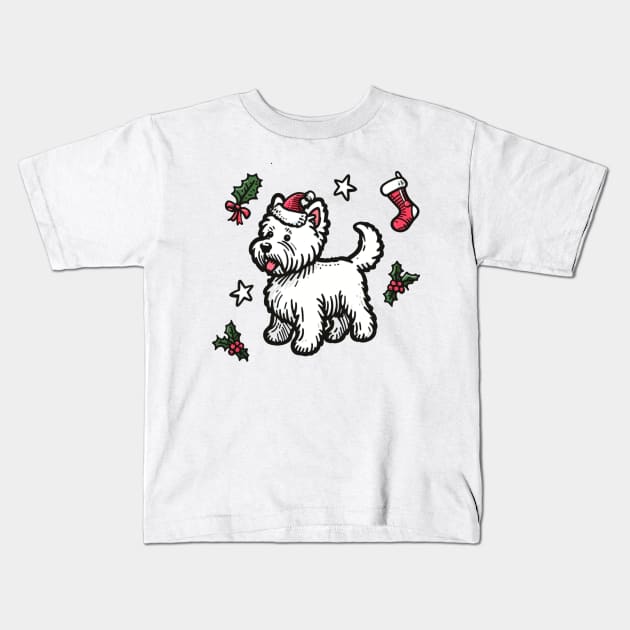 Westie Christmas Design - West Highland Terrier Santa Hat - Cartoon Dog Holiday Drawing Kids T-Shirt by Star Fragment Designs